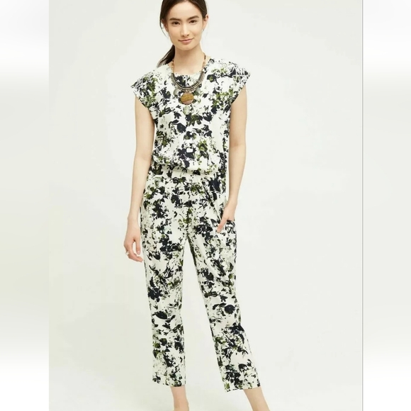 Anthropologie Pants - Anthropologie Ranna Gil Green White Floral Embroidered Jumpsuit XS